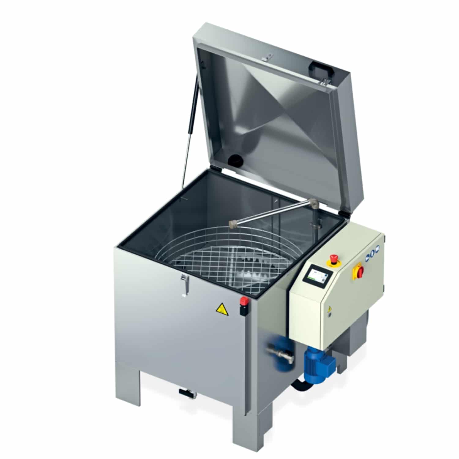 Cuve de nettoyage en acier inoxydable ouverte.